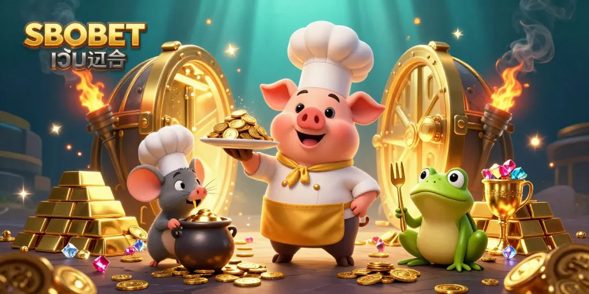 Experience the excitement of SBOBET เว็บตรง with golden coins and lively characters in a rich casino scene.